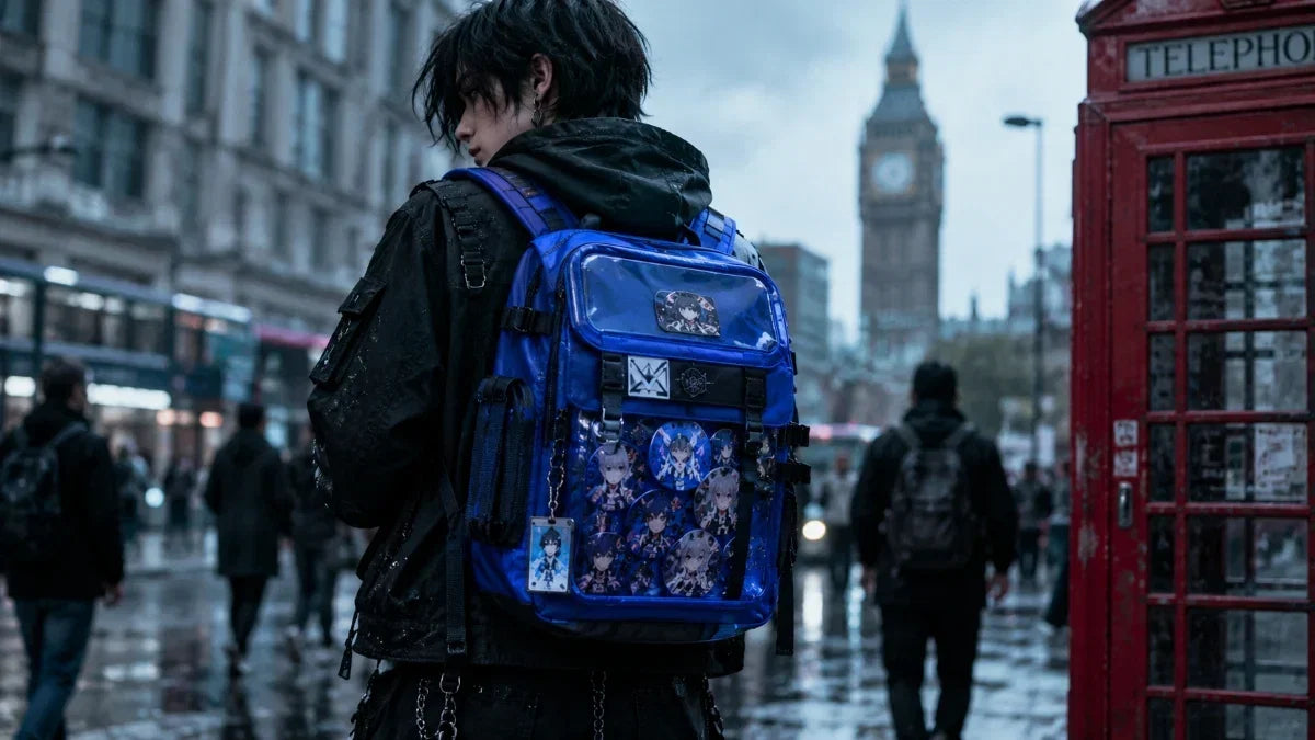 water resistant anime techwear bag featuring anime-inspired pins, patches, and display window.