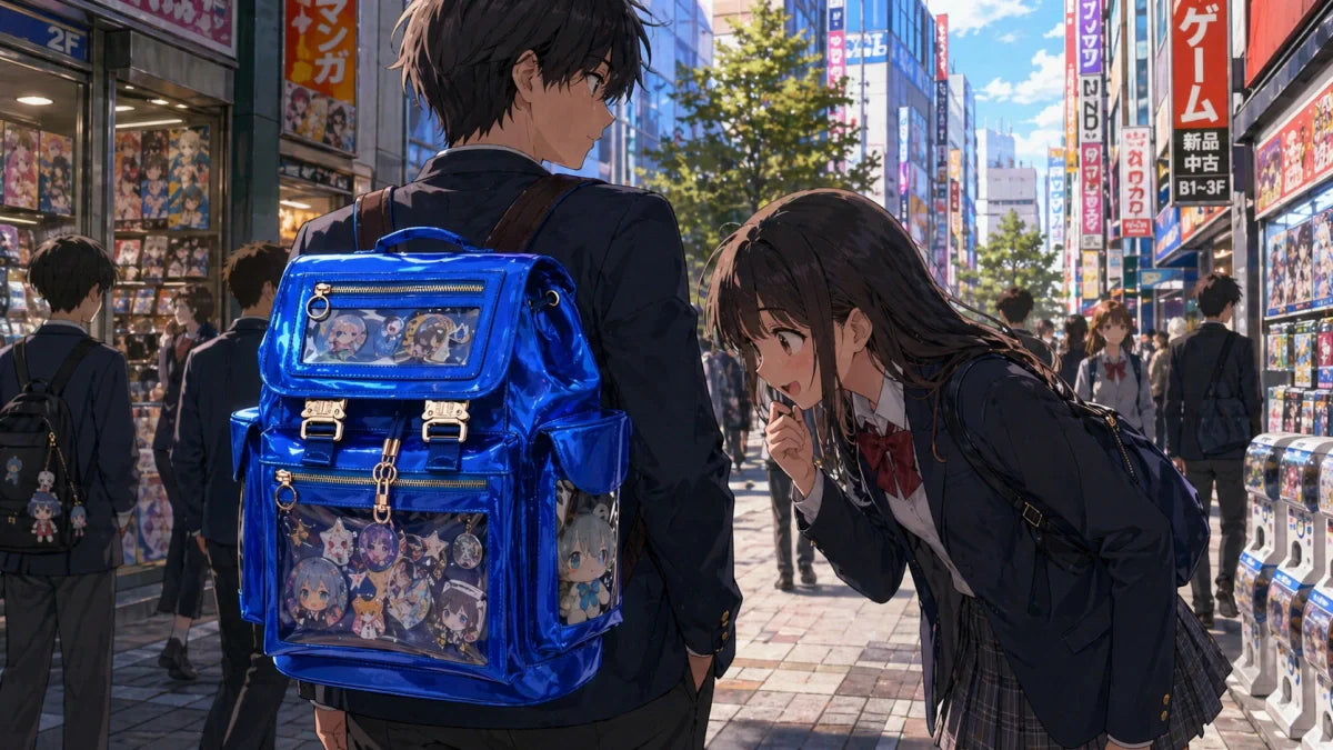 Male student is showing off an anime plush toy behind the display window of an ita backpack for school to a female student.