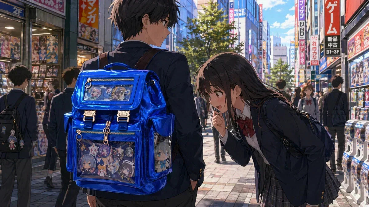 Male student is showing off an anime plush toy behind the display window of an ita backpack for school to a female student.