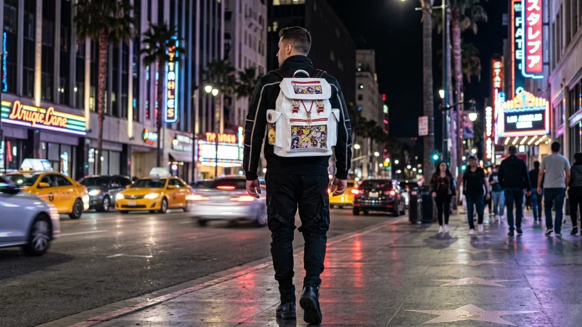 a guide to water-resistant anime-inspired techwear bags, highlighting weather protection, storage, durability, and features useful for carrying convention gear and everyday tech.