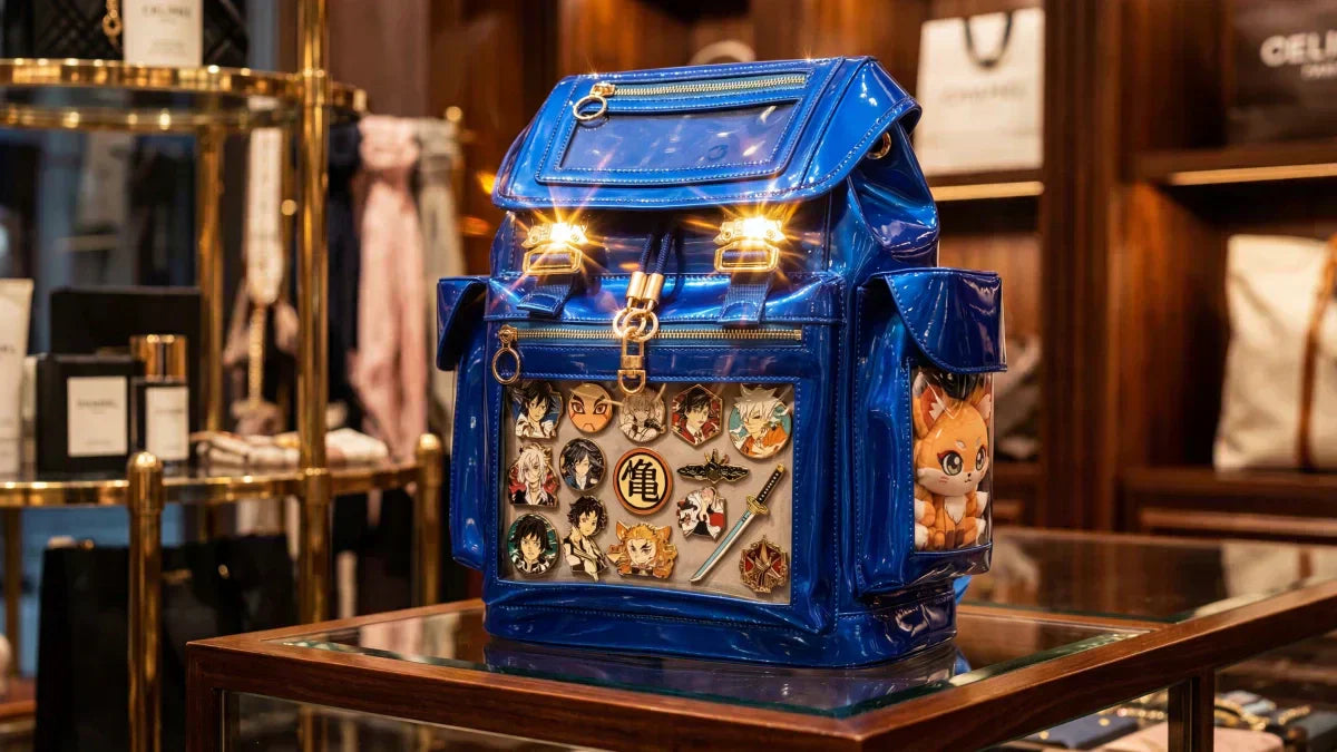 A premium metallic blue ita backpack displayed on a glass table inside a high-end luxury boutique. Illustrating how high-quality materials elevate fandom display gear.