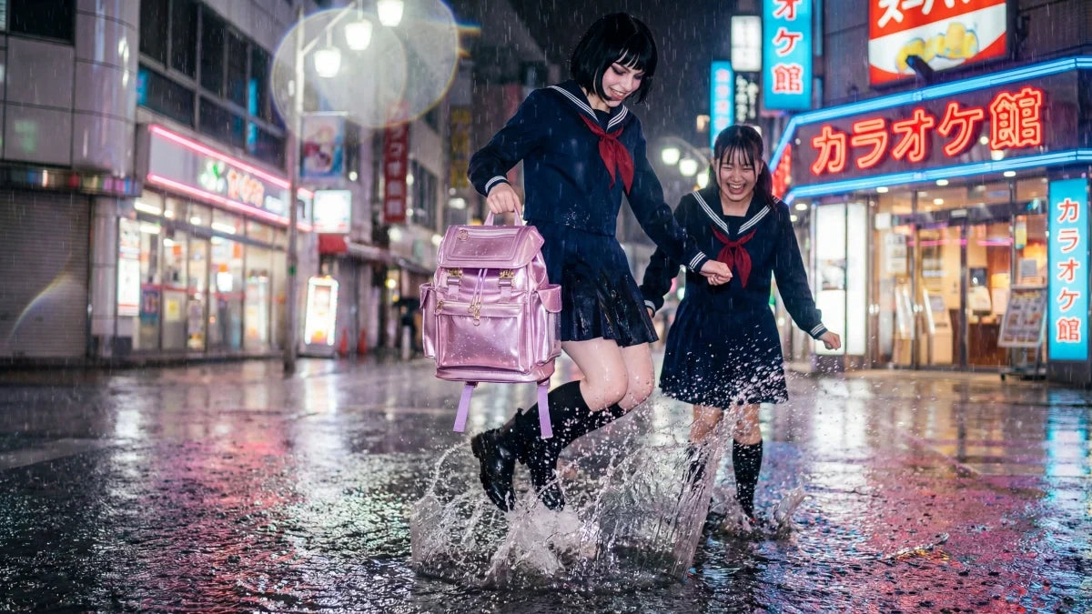 Metallic pink ita bag featuring clear display windows carried by a student splashing in a puddle on a rainy city street   