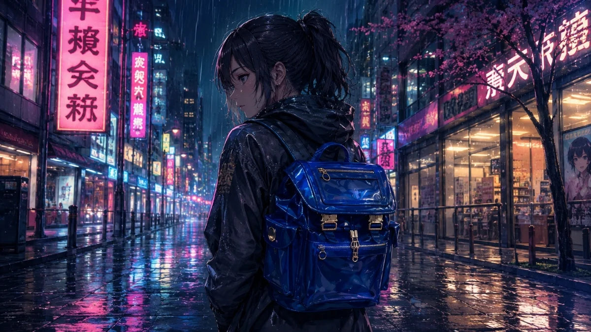 waterproof anime techwear backpack designed for rainy weather and everyday use.