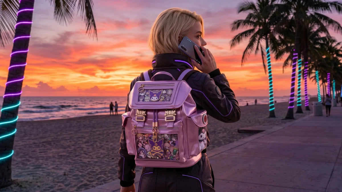 Woman in cyberpunk style techwear outfit with an ita backpack decorated with anime plush and enamel pins.