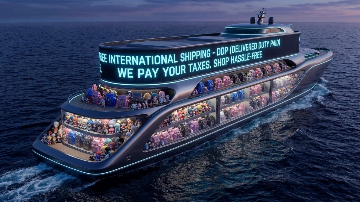 A ship filled with cyberpunk ita backpacks and anime plush toys.