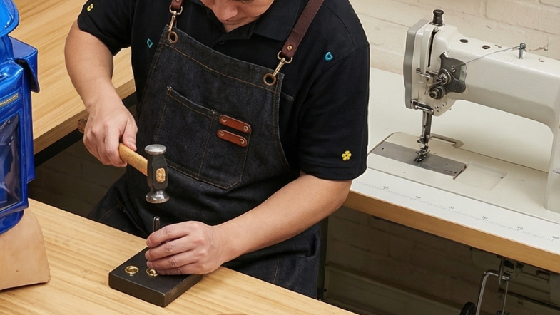 Artisan preparing metal parts for the making of an ita backpack.