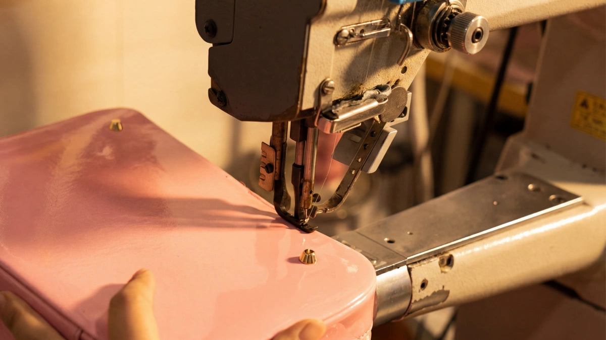 Artisan sewing the bottom of a pink Cyberpunk Ita Backpack.