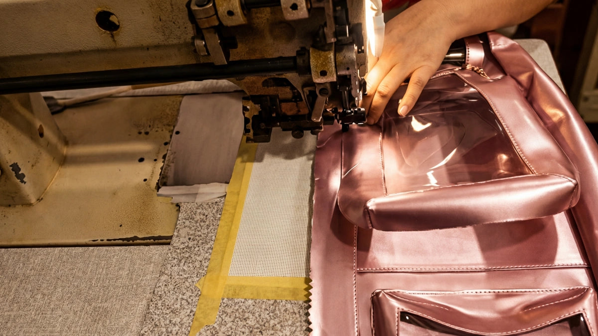 Artisan sewing parts together to make a Cyberpunk Ita Backpack.