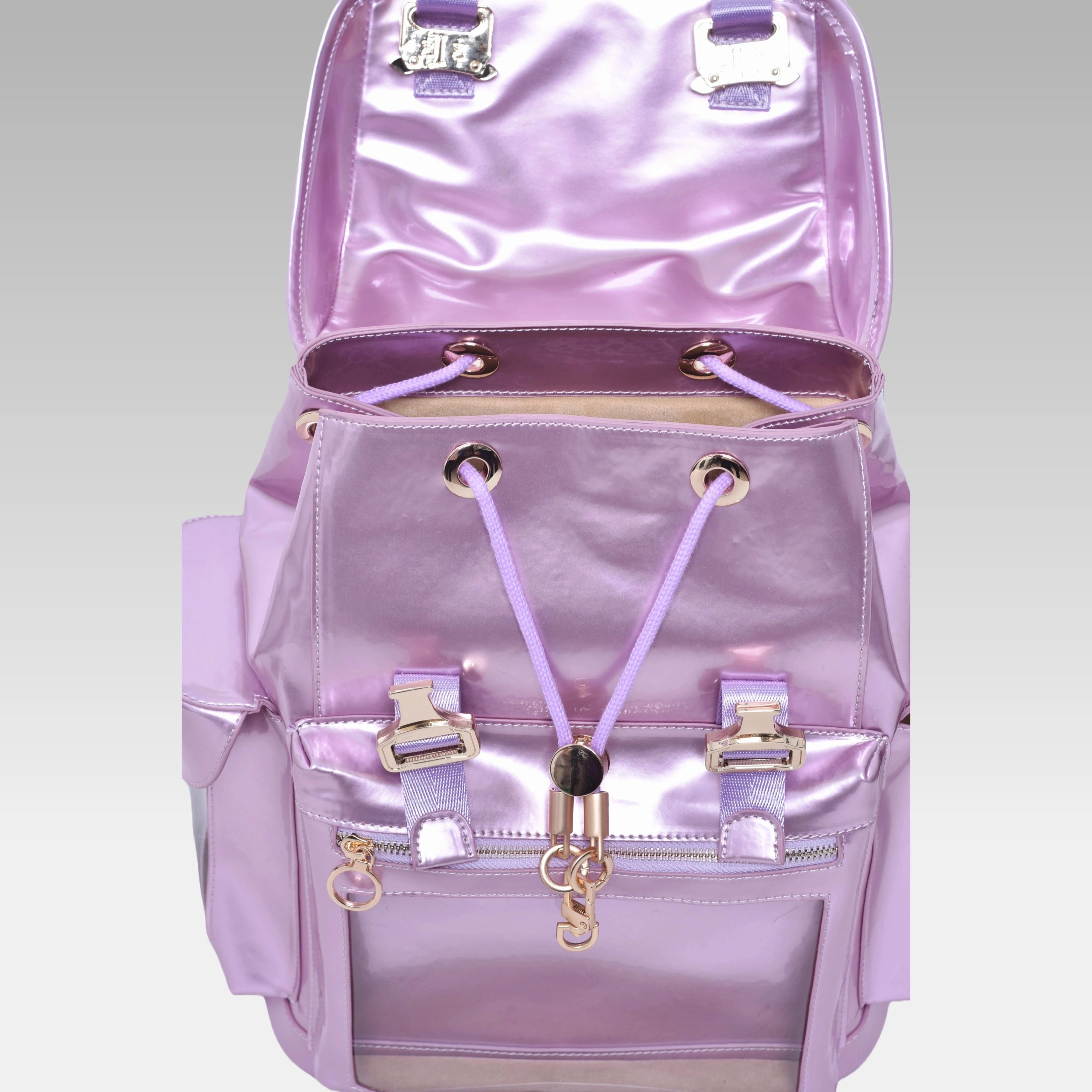 Standard Frozen Berry Metallic Cyberpunk Ita Backpack with the front display cover opened, revealing the internal display chamber.