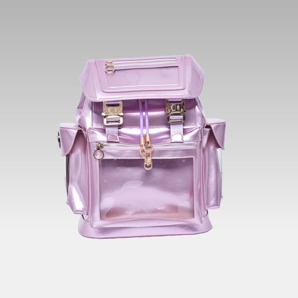 Front view of the standard Frozen Berry Metallic Cyberpunk Ita Backpack, featuring its large clear display window.