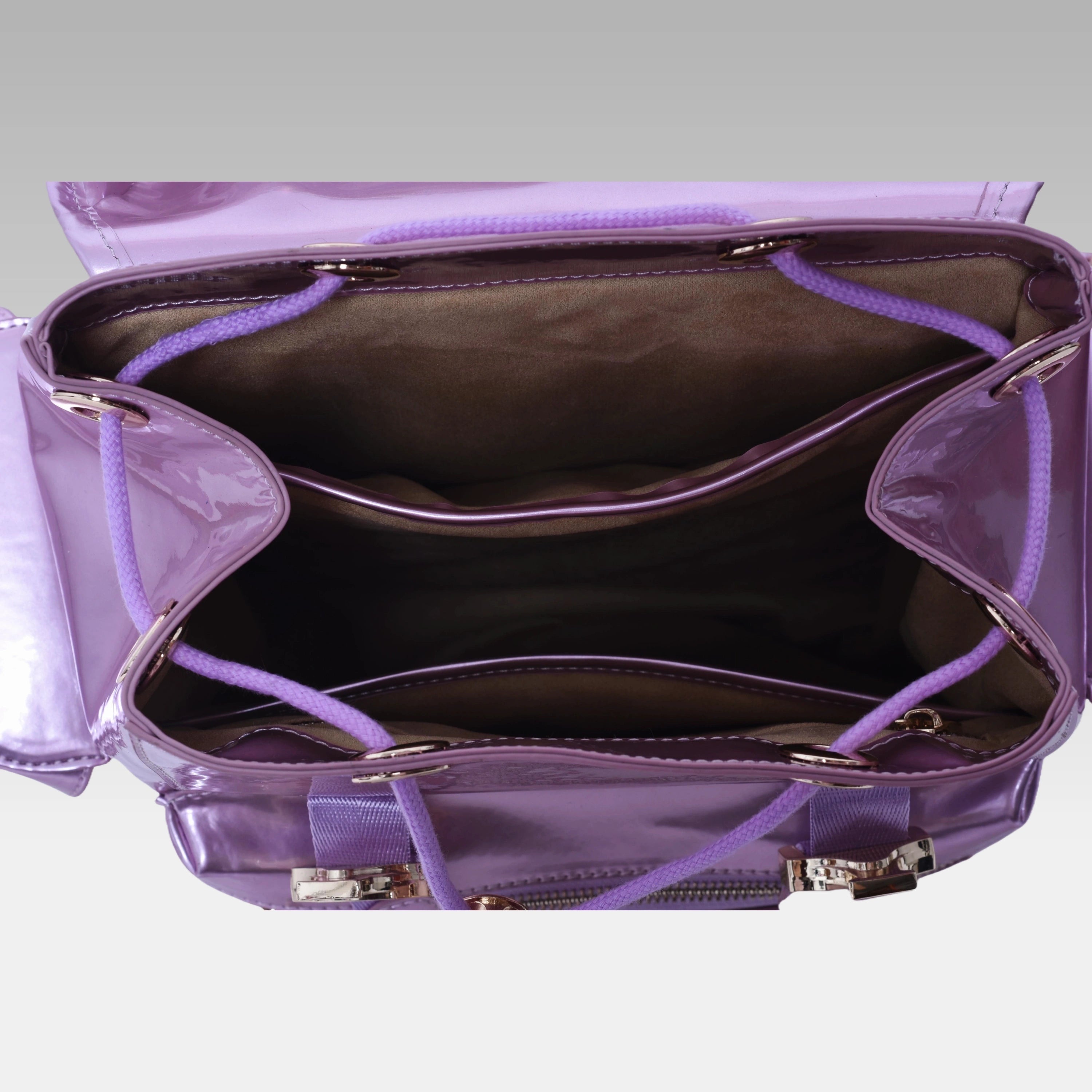 Interior view of the standard Frozen Berry Metallic Cyberpunk Ita Backpack showing the custom fabric lining and spacious storage.