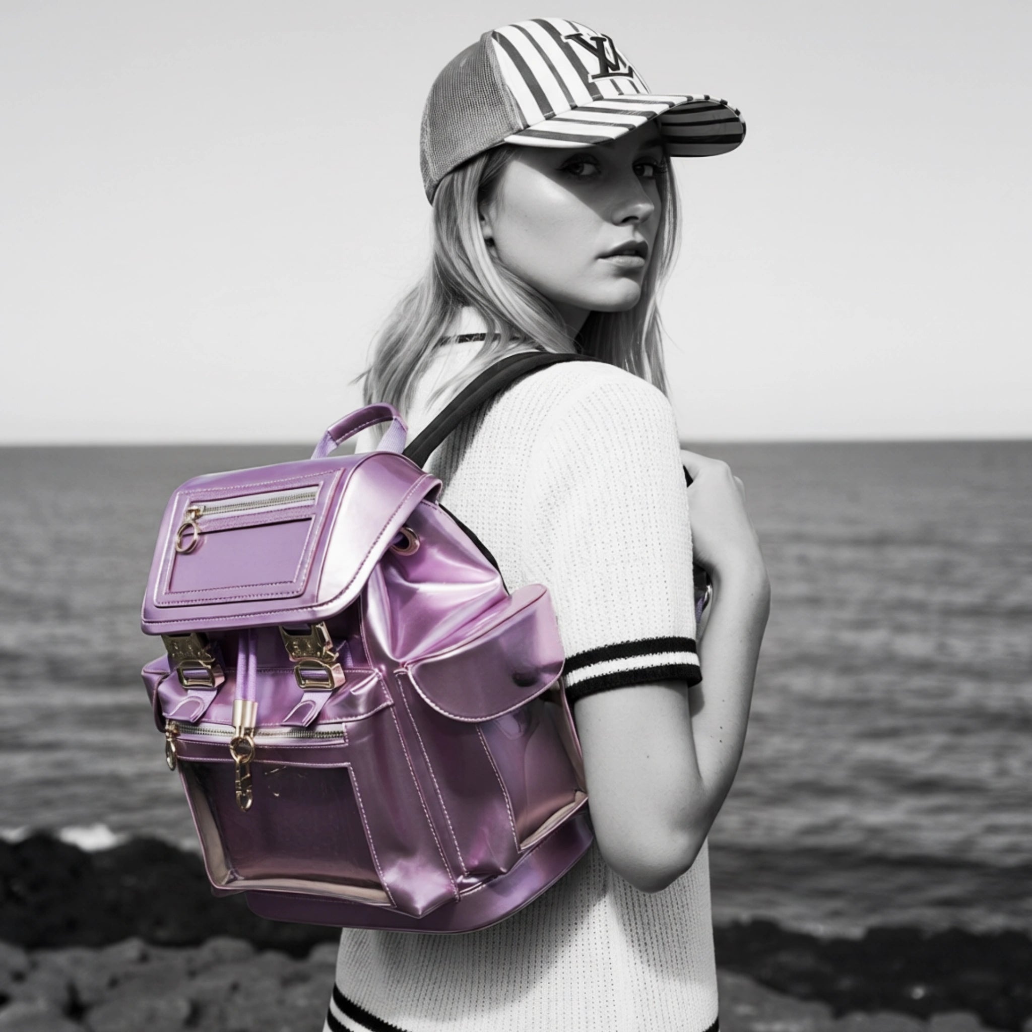 Model carrying the Frozen Berry Metallic Cyberpunk Ita Backpack Mini, a cute ita bag that doubles as a durable anime bag for your enamel pin collection.