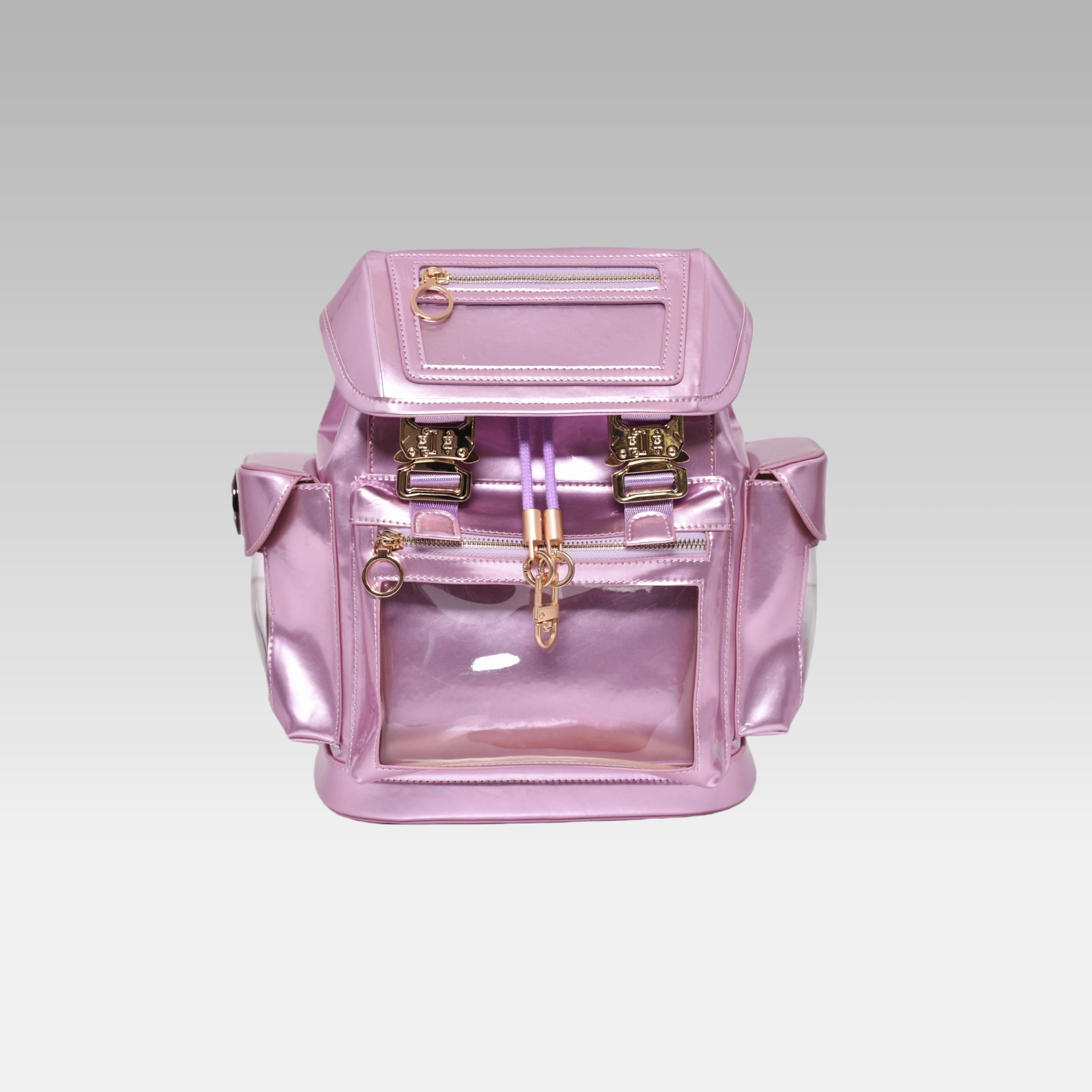 Front view of the Frozen Berry Metallic Cyberpunk Ita Backpack Mini, featuring its clear display window.