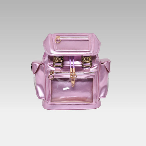 Front view of the Frozen Berry Metallic Cyberpunk Ita Backpack Mini, featuring its clear display window.