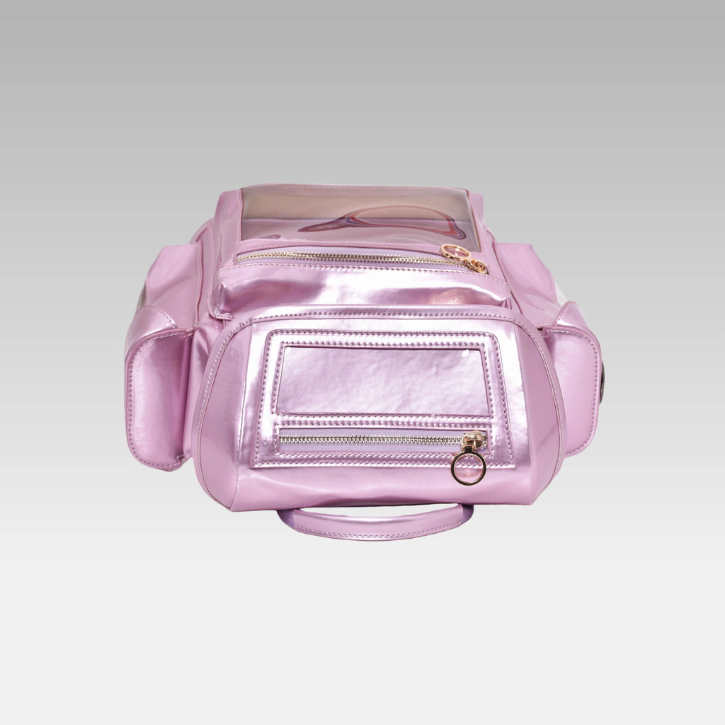 Top-down view of the Frozen Berry Metallic Cyberpunk Ita Backpack Mini highlighting the grab handle and top zipper closures.