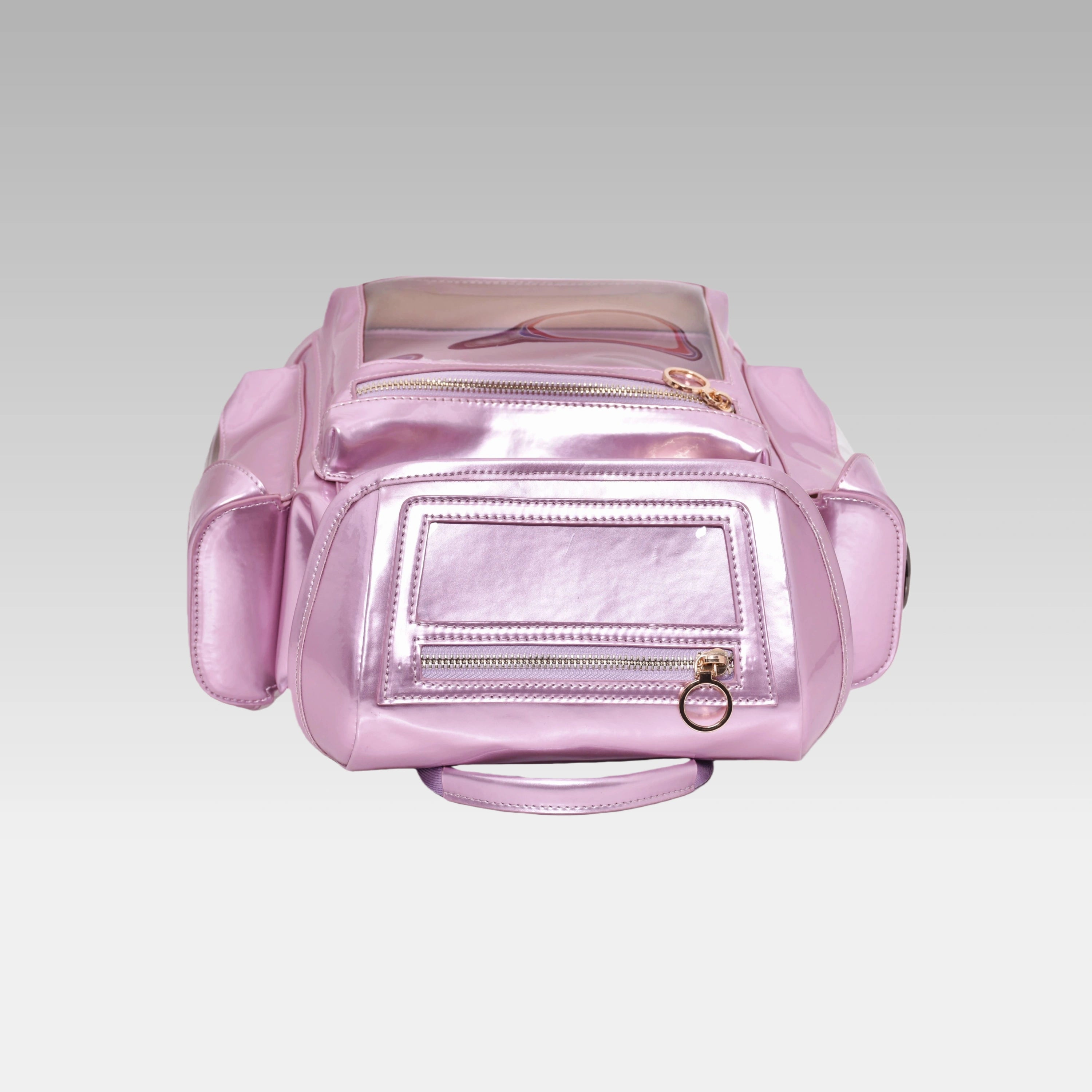 Top-down view of the Frozen Berry Metallic Cyberpunk Ita Backpack Mini highlighting the grab handle and top zipper closures.