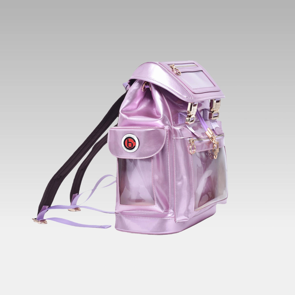 Side profile of the standard Frozen Berry Metallic Cyberpunk Ita Backpack featuring the prominent custom hardware emblem.
