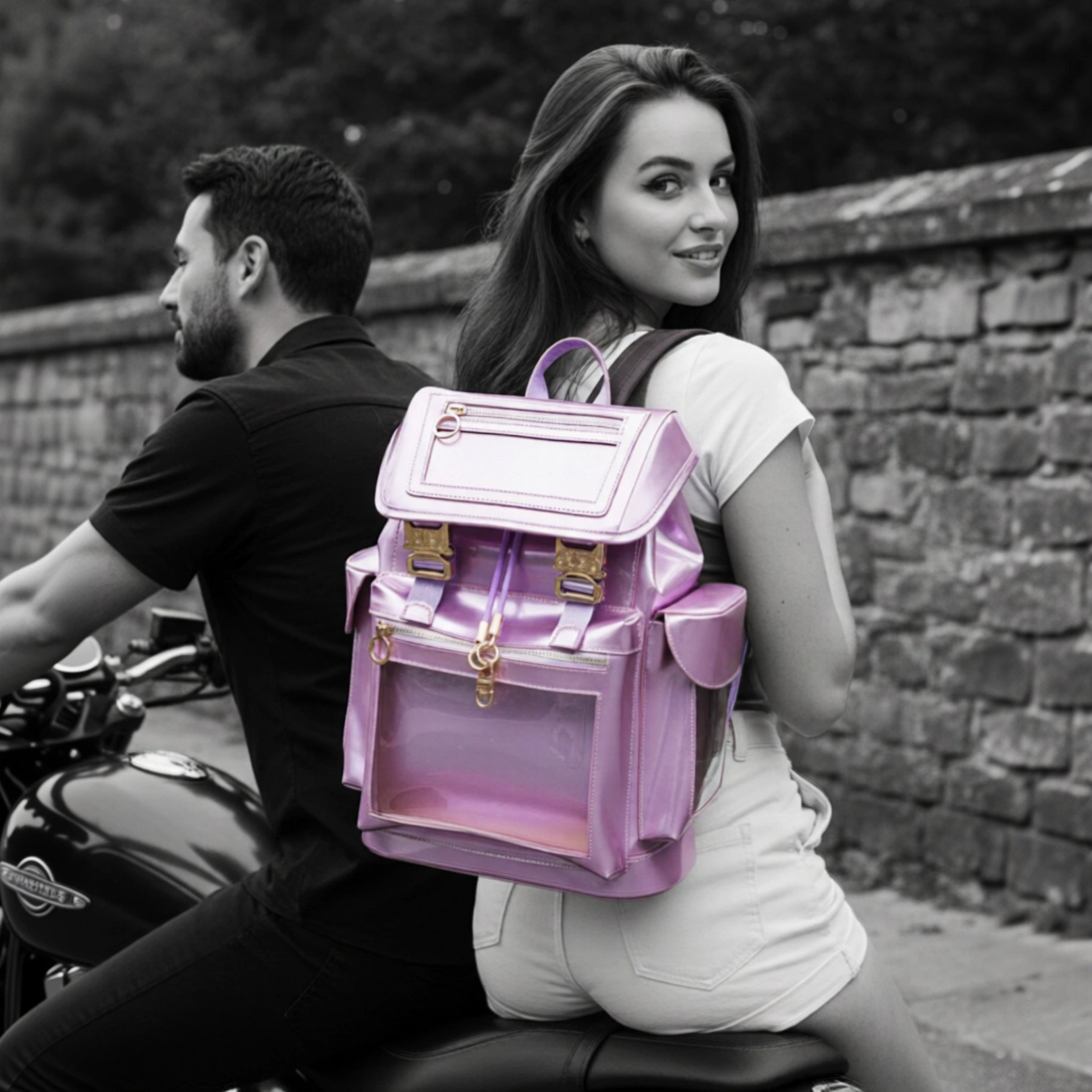 Model wearing the standard Frozen Berry Metallic Cyberpunk Ita Backpack, a unique pastel goth backpack and plush bag with a large clear display window.
