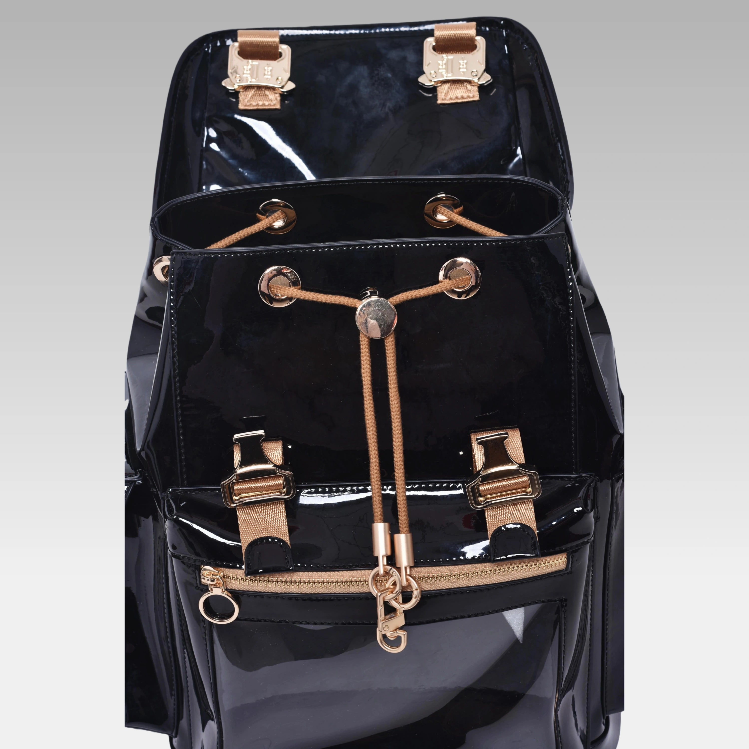 Standard Glossy Black Cyberpunk Ita Backpack with the front display cover opened, revealing the main chamber.