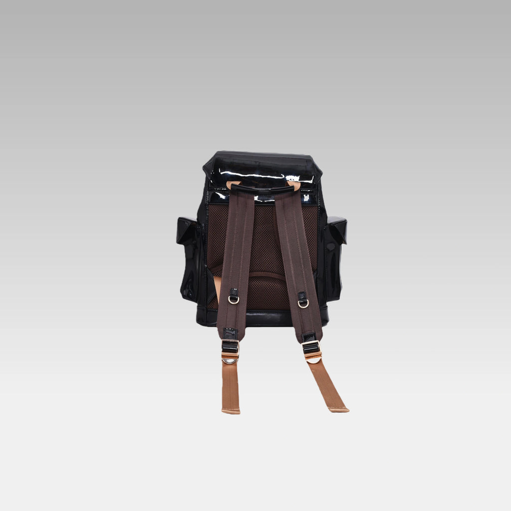 Back view of the Glossy Black Cyberpunk Ita Backpack Mini displaying the padded shoulder straps and back panel.