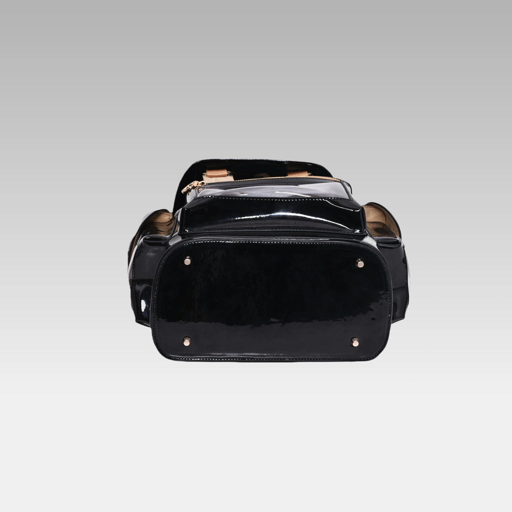 Bottom view of the Glossy Black Cyberpunk Ita Backpack Mini showing the durable base and construction.