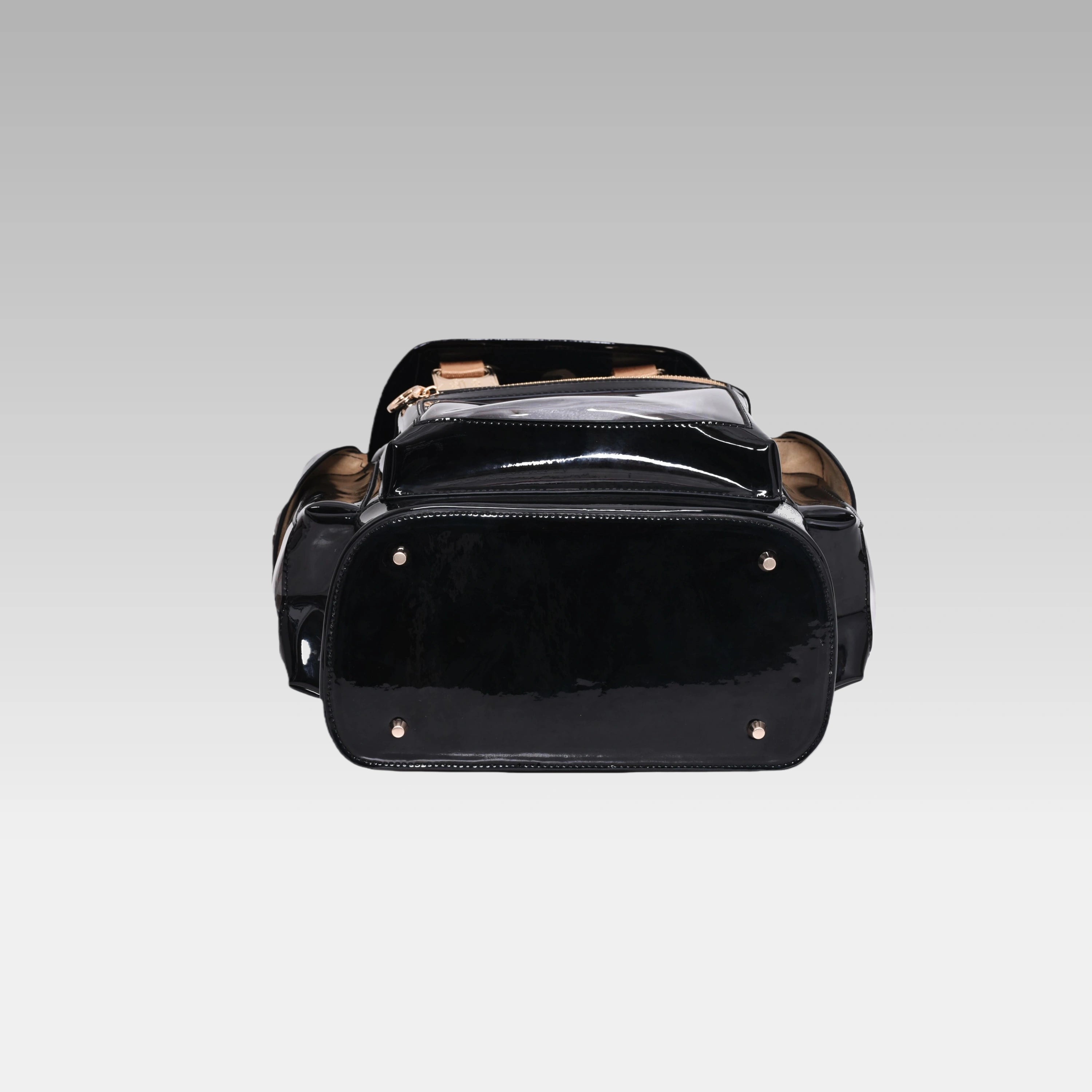 Bottom view of the Glossy Black Cyberpunk Ita Backpack Mini showing the durable base and construction.