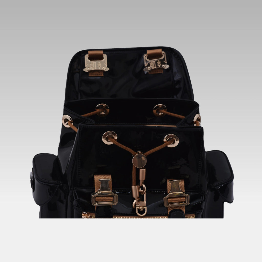 Glossy Black Cyberpunk Ita Backpack Mini with the front display cover opened, revealing the main chamber.
