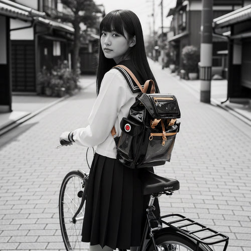 Model with the Glossy Black Cyberpunk Ita Backpack Mini, a compact black ita bag and bag for pins to showcase your plush display.