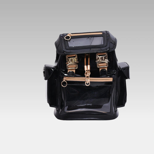 Front view of the Glossy Black Cyberpunk Ita Backpack Mini, featuring its clear display window.