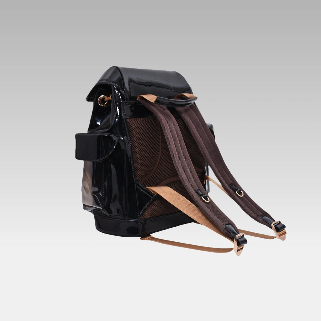 Clean side profile of the Glossy Black Cyberpunk Ita Backpack Mini showing its structured depth.