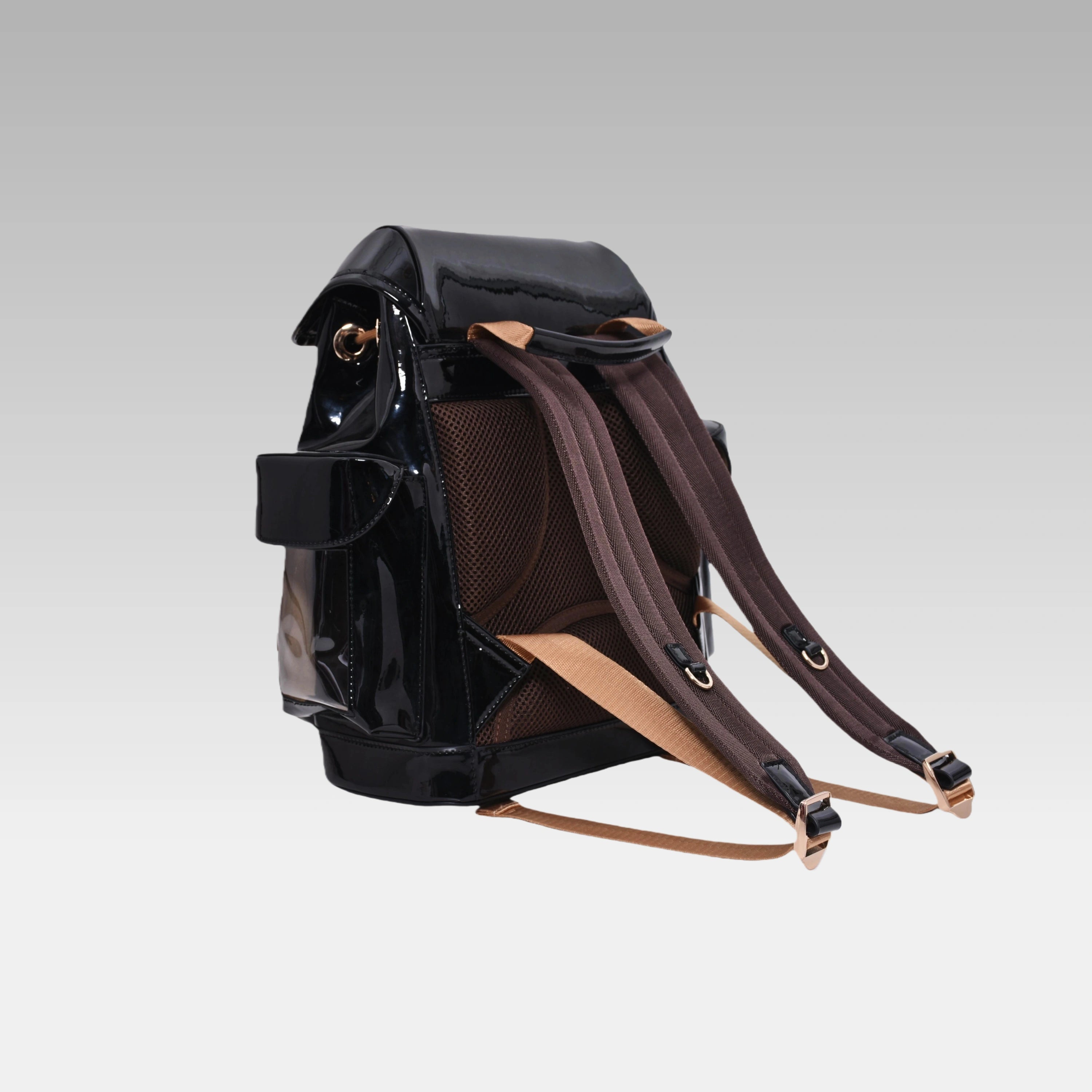 Clean side profile of the Glossy Black Cyberpunk Ita Backpack Mini showing its structured depth.