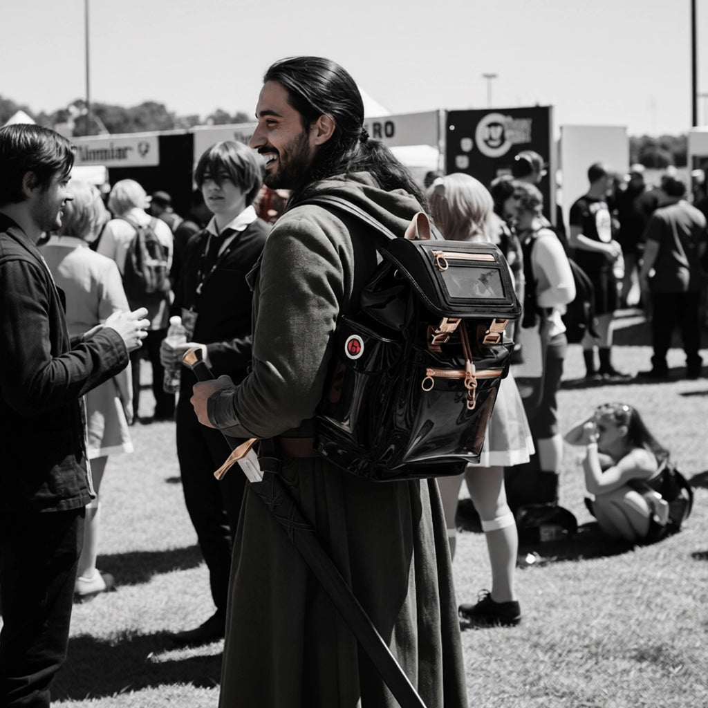 Man wearing the standard Glossy Black Cyberpunk Ita Backpack, a premium black backpack with pins display window for an elevated streetwear look.