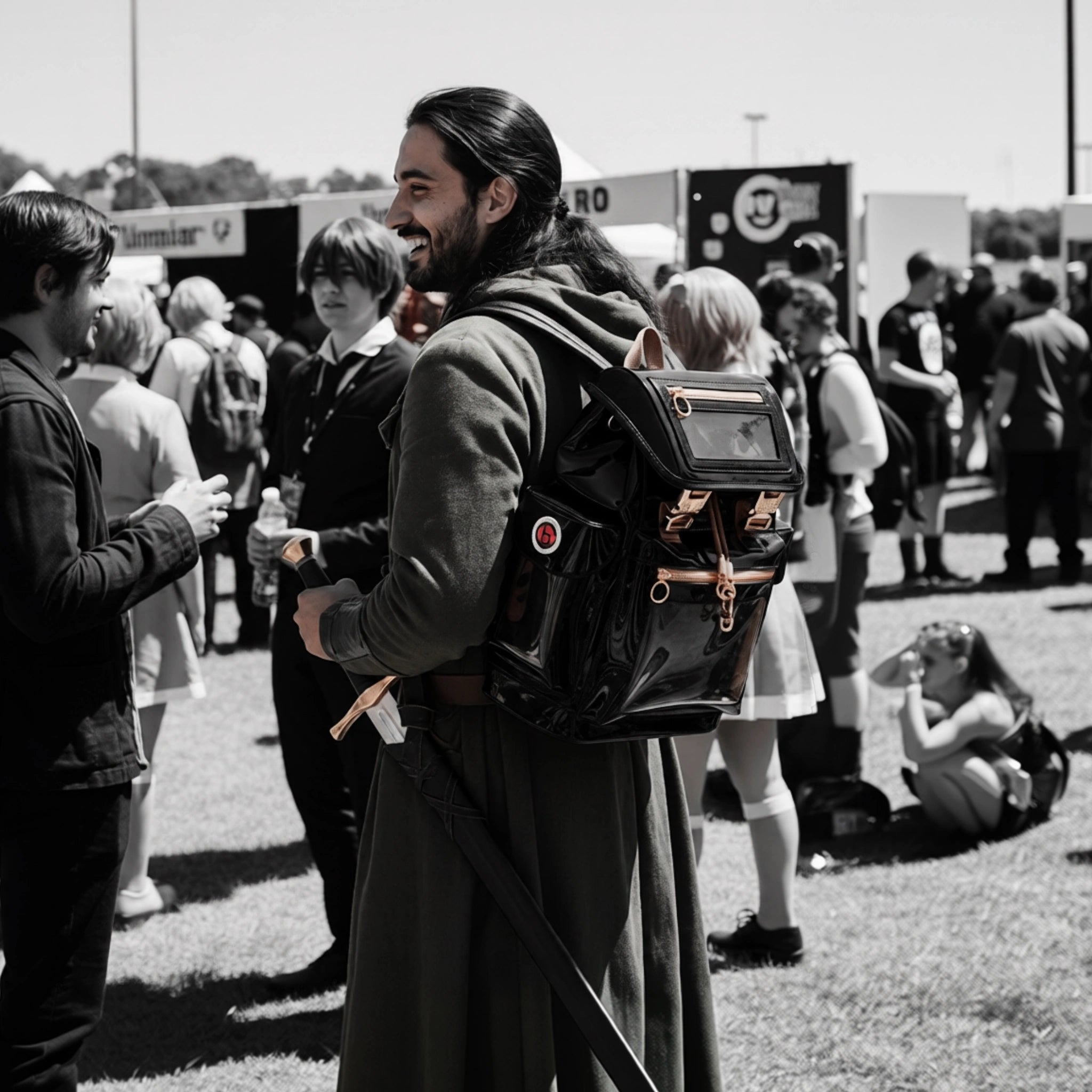 Man wearing the standard Glossy Black Cyberpunk Ita Backpack, a premium black backpack with pins display window for an elevated streetwear look.
