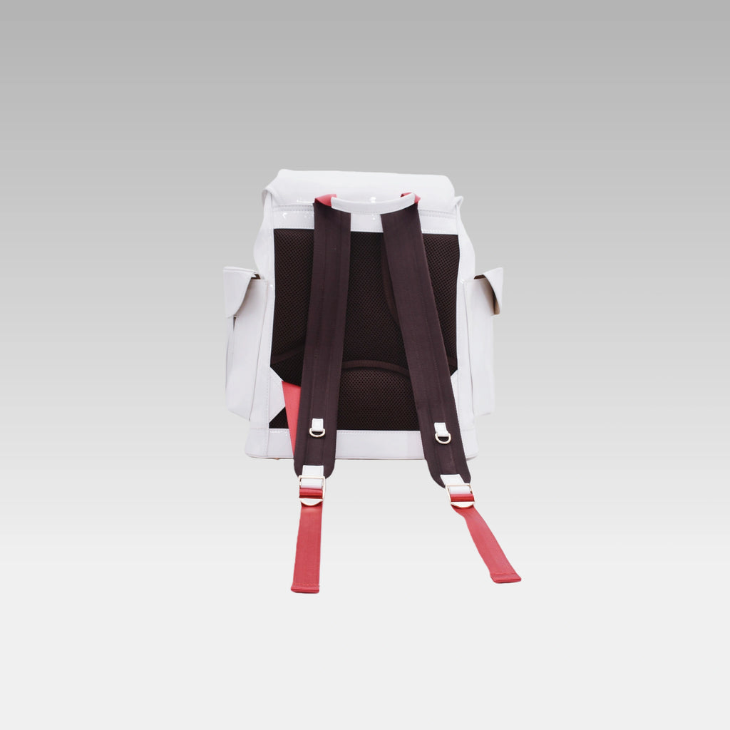 Back view of the Glossy White Cyberpunk Ita Backpack displaying the padded shoulder straps and back panel.