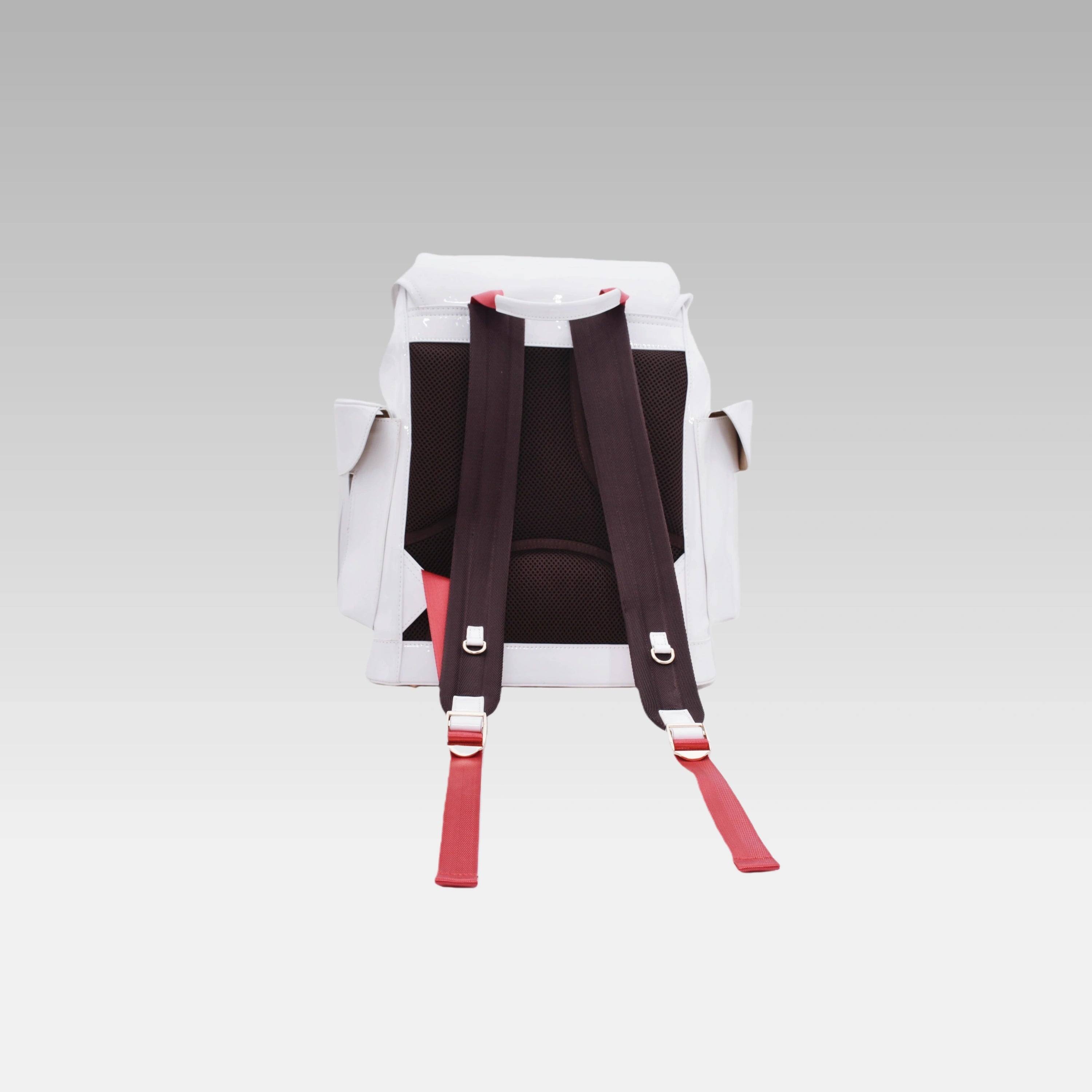 Back view of the Glossy White Cyberpunk Ita Backpack displaying the padded shoulder straps and back panel.