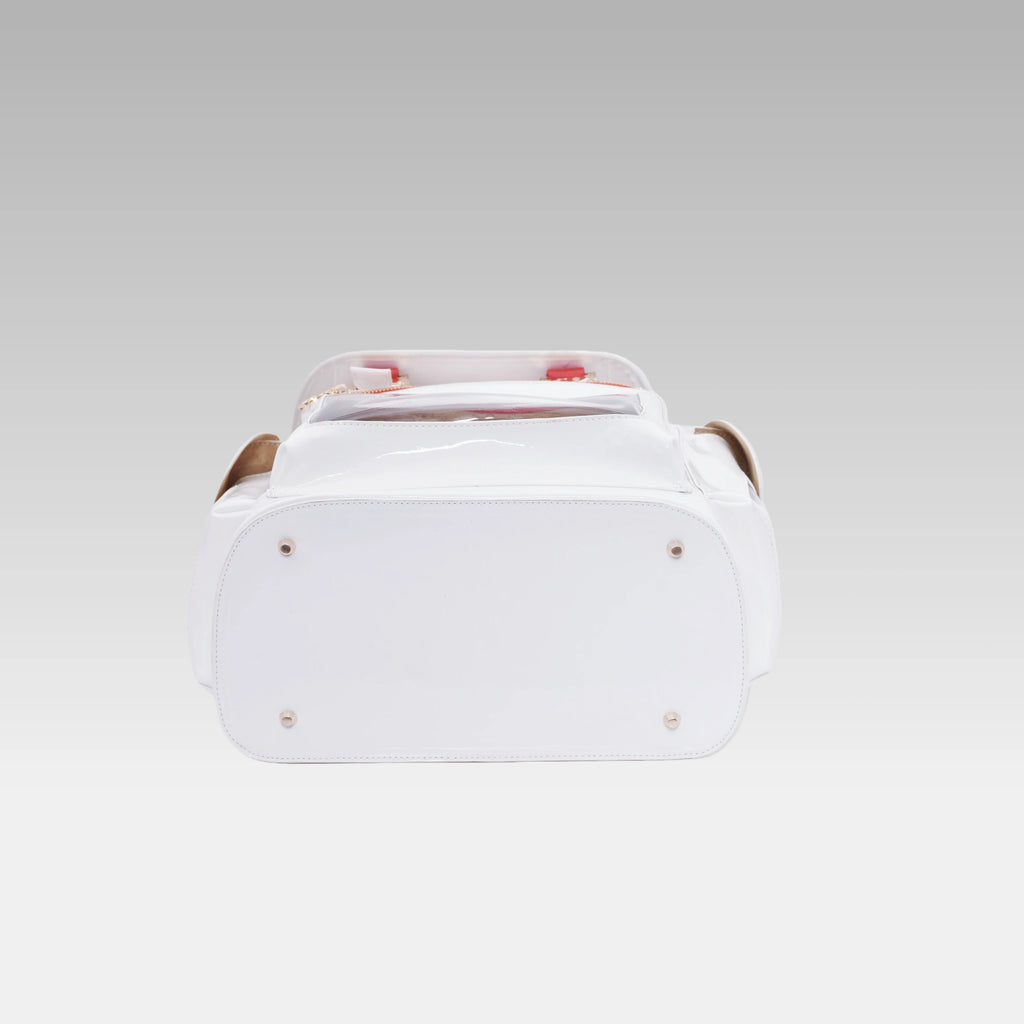 Bottom view of the Glossy White Cyberpunk Ita Backpack showing the durable base and construction.