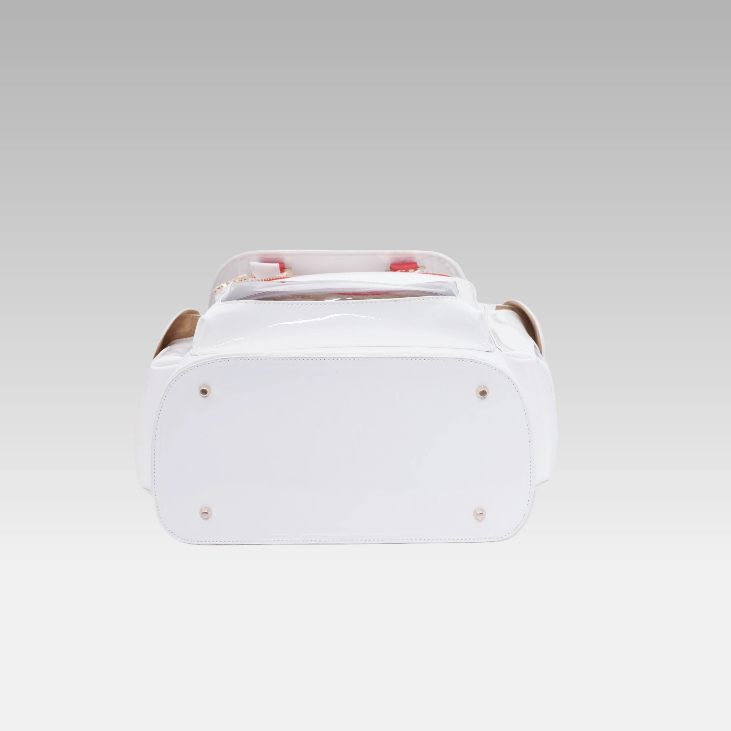 Bottom view of the Glossy White Cyberpunk Ita Backpack showing the durable base and construction.