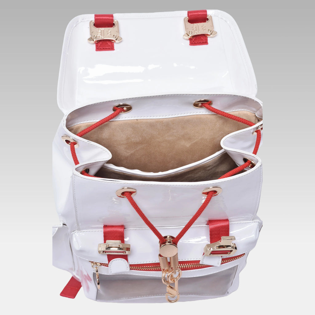 Standard Glossy White Cyberpunk Ita Backpack with the front display cover opened, revealing the main chamber.