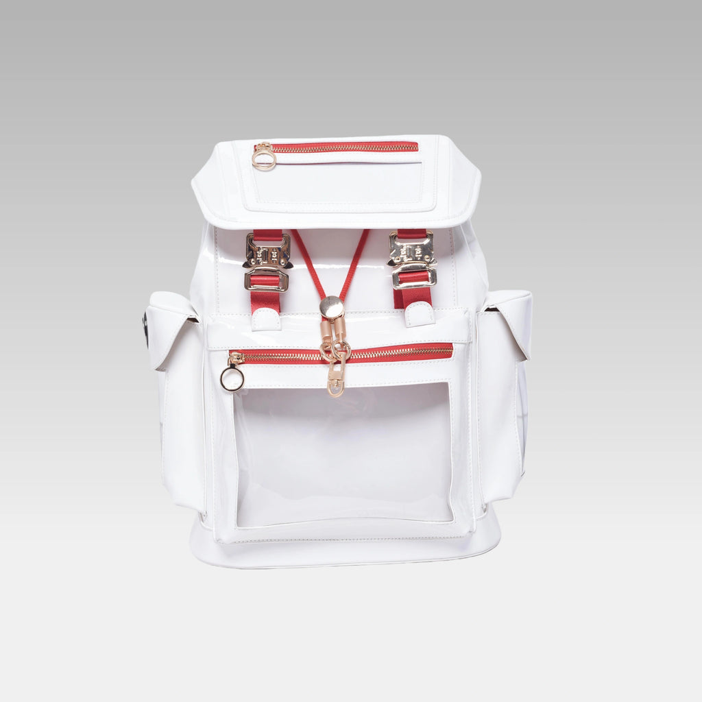 Front view of the Glossy White Cyberpunk Ita Backpack, featuring its clear display window.