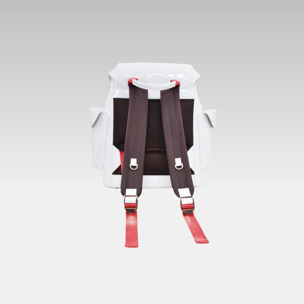 Direct rear view of the standard-issue Glossy White Mini Cyberpunk Ita Backpack showing its ergonomic padded shoulder straps and back panel construction.
