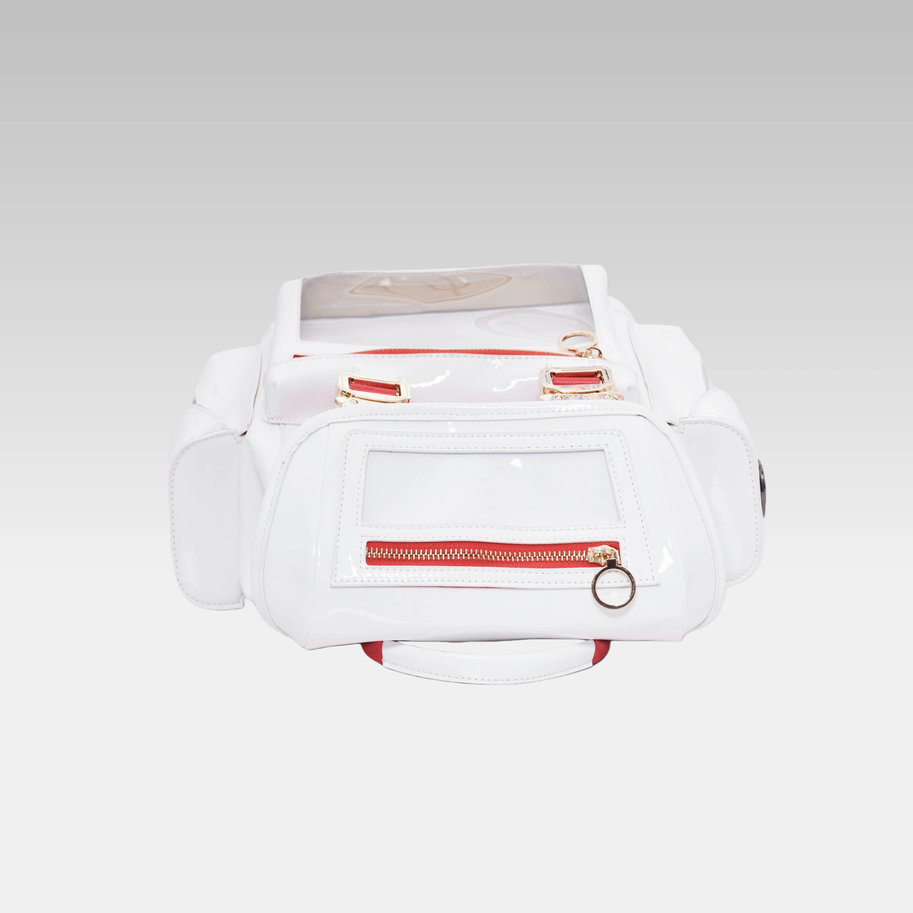 Detailed bottom-up view illustrating the reinforced, structured base construction and precise stitching of the Glossy White Mini Cyberpunk Ita Backpack.