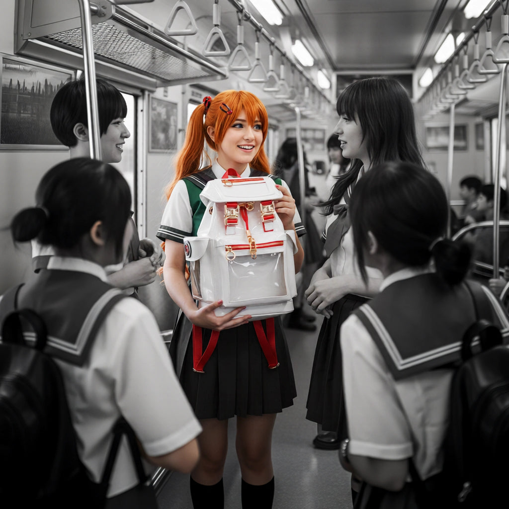 Model carrying the Glossy White Cyberpunk Ita Backpack Mini, a cute white ita bag featuring a clear window backpack design for displaying anime pins.