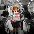 Model carrying the Glossy White Cyberpunk Ita Backpack Mini, a cute white ita bag featuring a clear window backpack design for displaying anime pins.