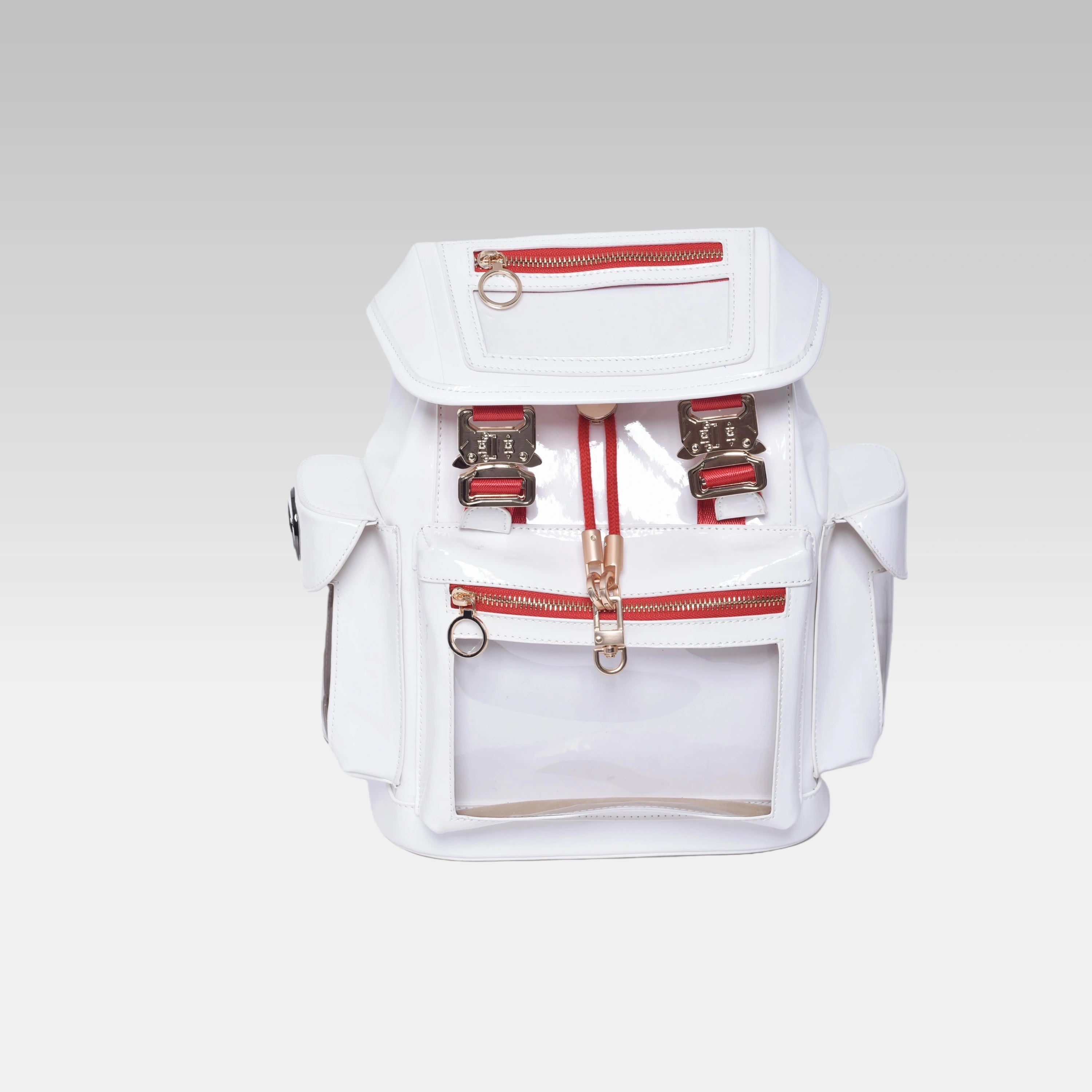 Full frontal view of the standard structured design, clear display window, and multiple compartment zippers of the standard-issue Glossy White Mini Cyberpunk Ita Backpack.