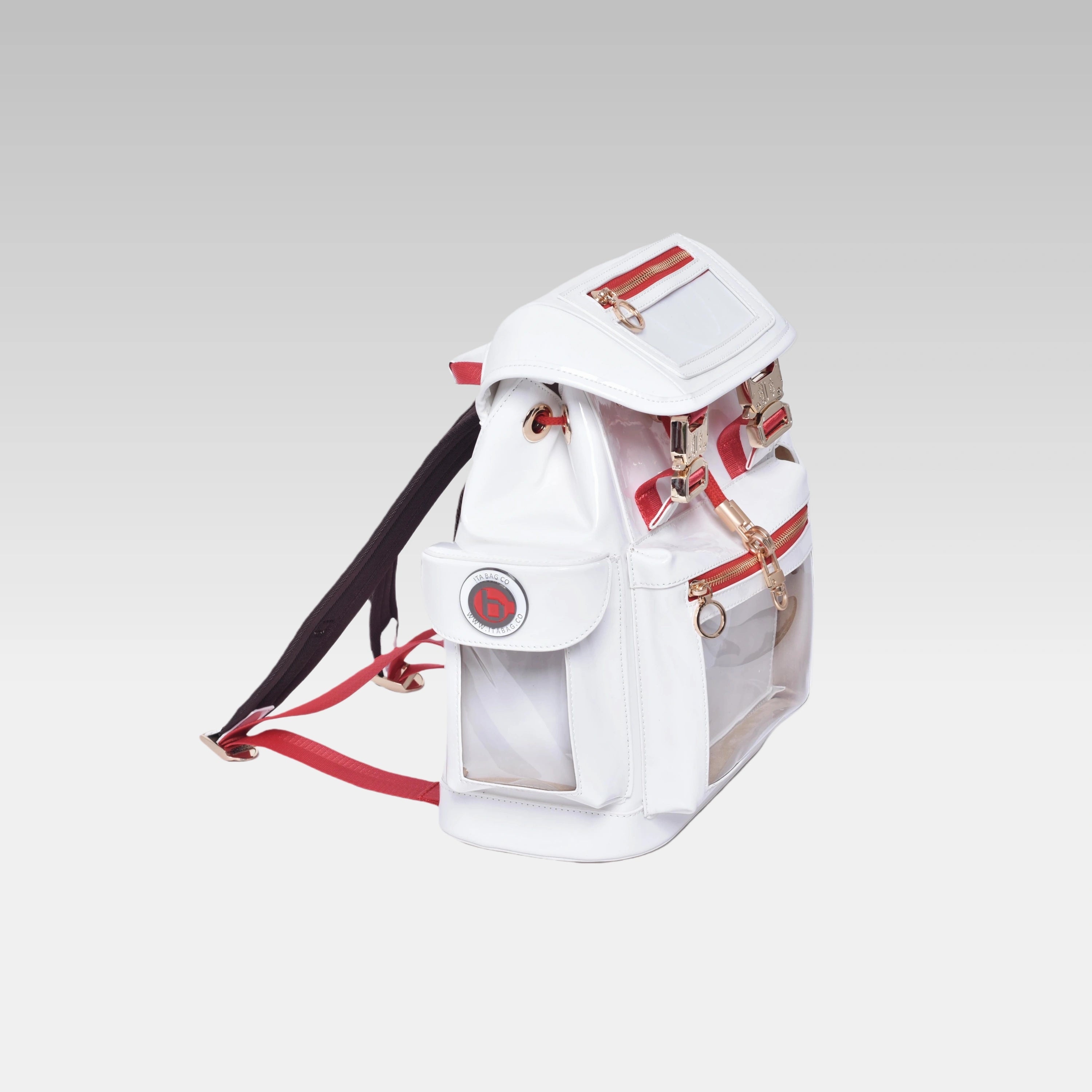 Detailed right-side profile view of the standard-issue Glossy White Mini Cyberpunk Ita Backpack prominently featuring the optional custom hardware emblem.