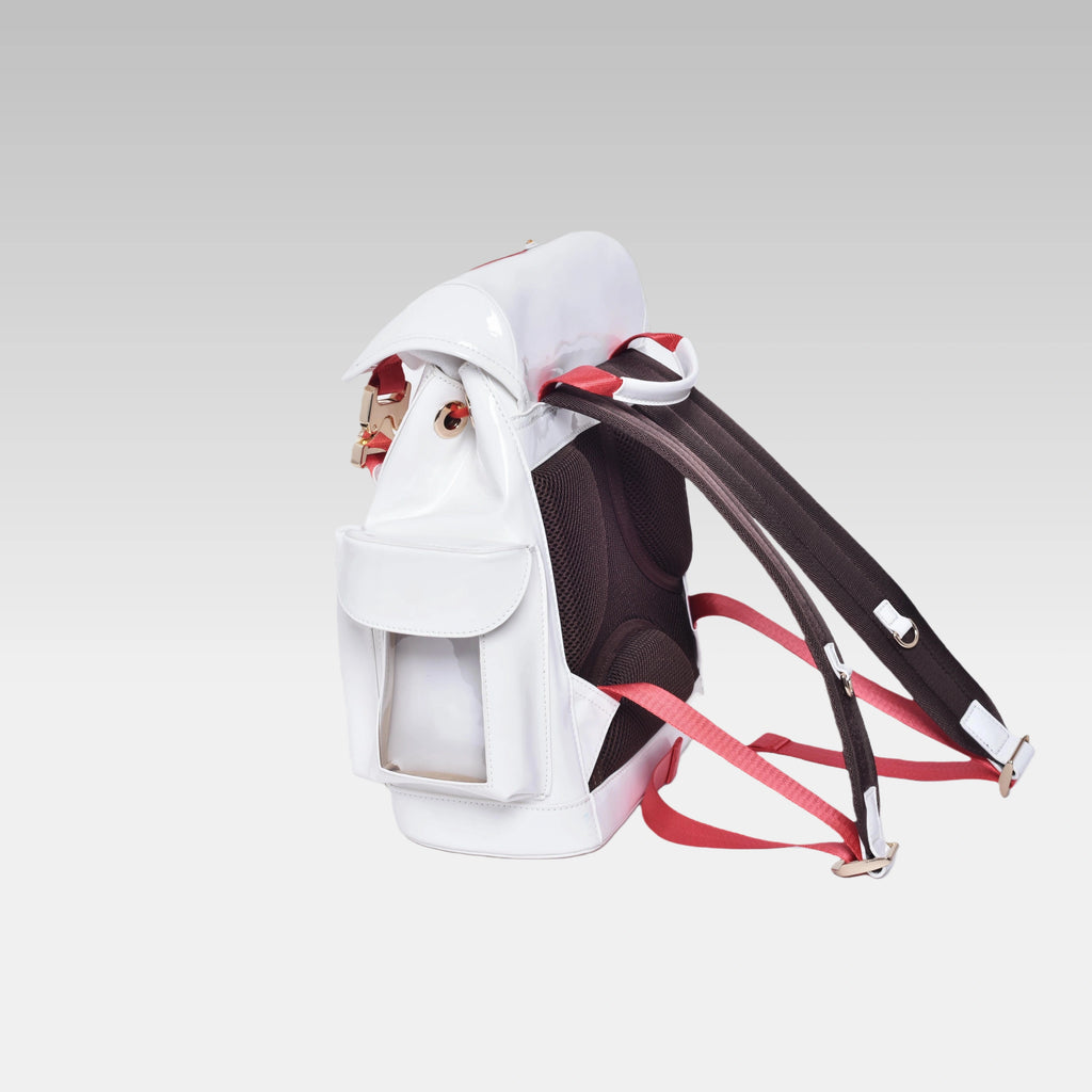 Clean right-side profile view of the standard-issue Glossy White Mini Cyberpunk Ita Backpack, without the optional custom hardware emblem.