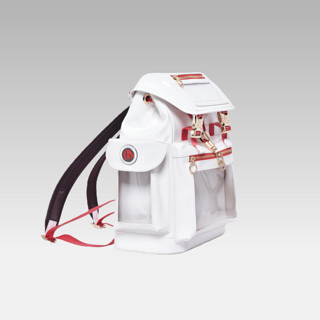 Side profile of the standard Glossy White Cyberpunk Ita Backpack featuring the prominent custom hardware emblem.