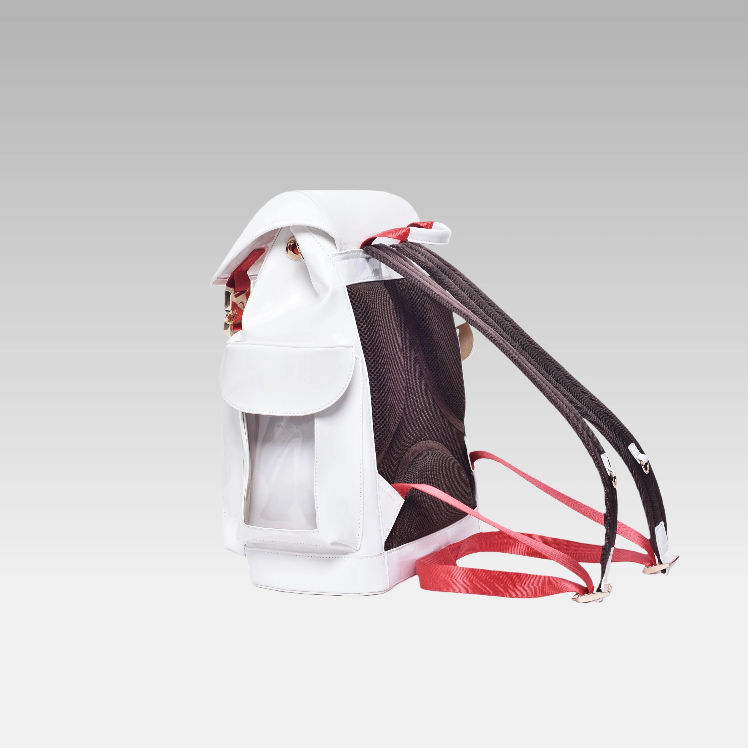 Clean side profile of the standard Glossy White Cyberpunk Ita Backpack showing its structured depth.