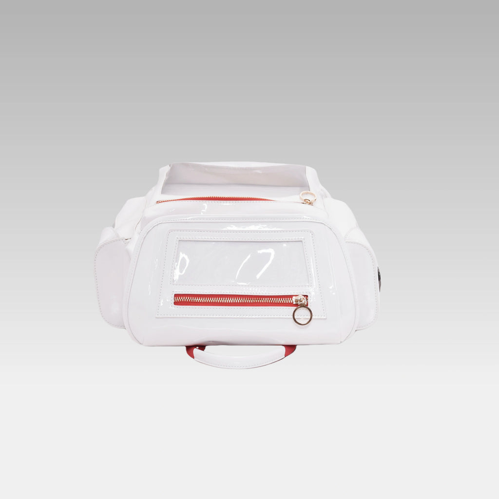 Top-down view of the Glossy White Cyberpunk Ita Backpack highlighting the grab handle and top zipper closures.