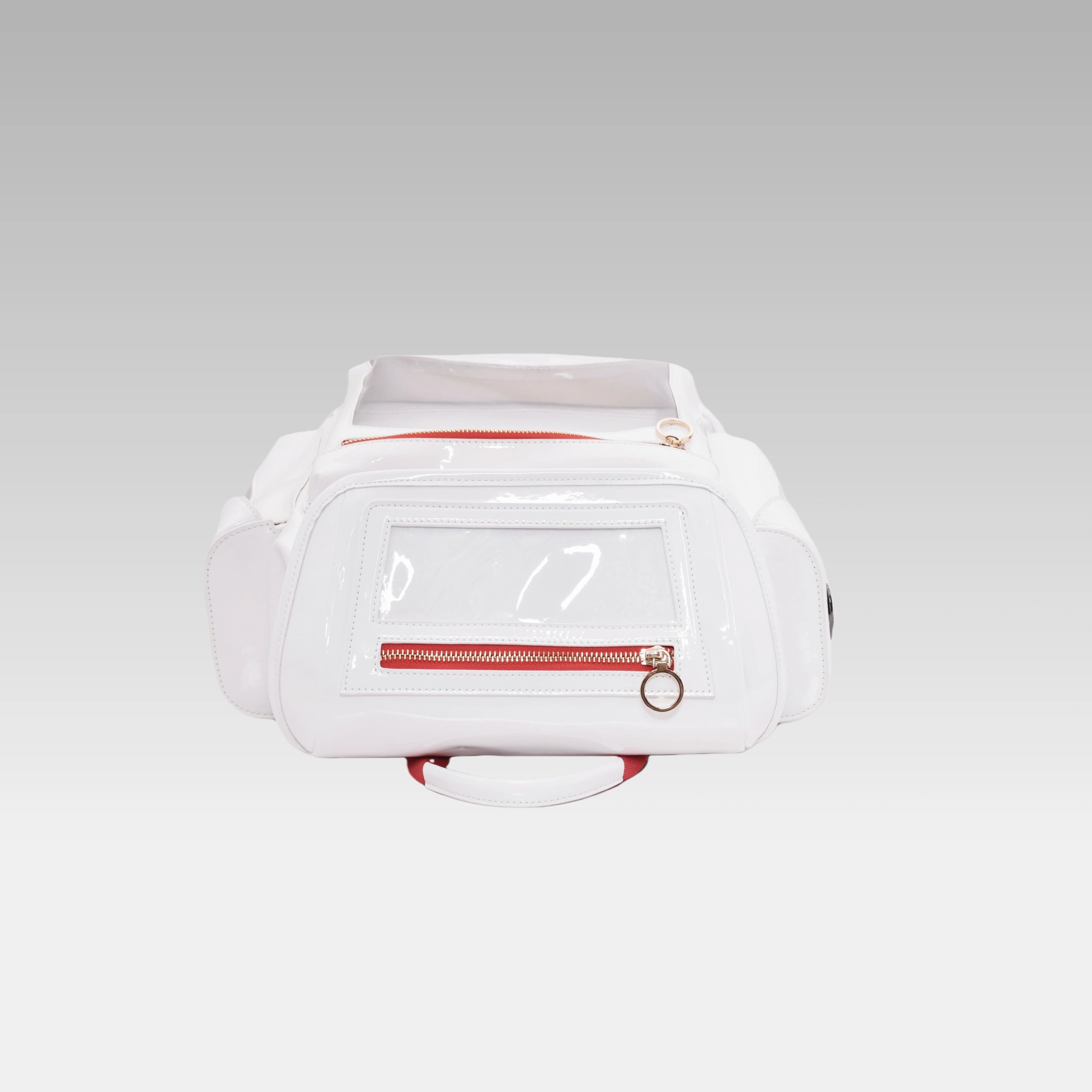 Top-down view of the Glossy White Cyberpunk Ita Backpack highlighting the grab handle and top zipper closures.